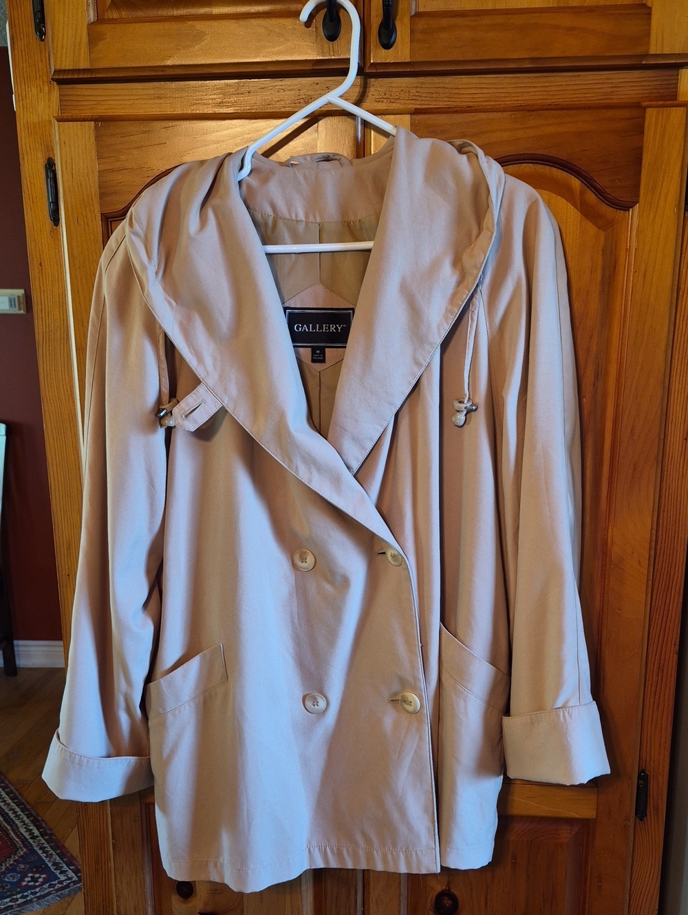 Vintage GALLERY Hooded Double Breasted Trench Coat M